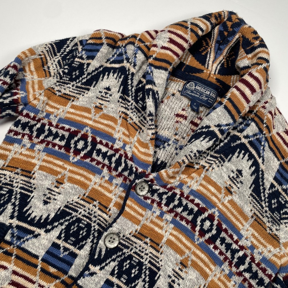 VTG American Rag Mens Southwestern Aztec Shawl Collar Cardigan Sweater Blue S